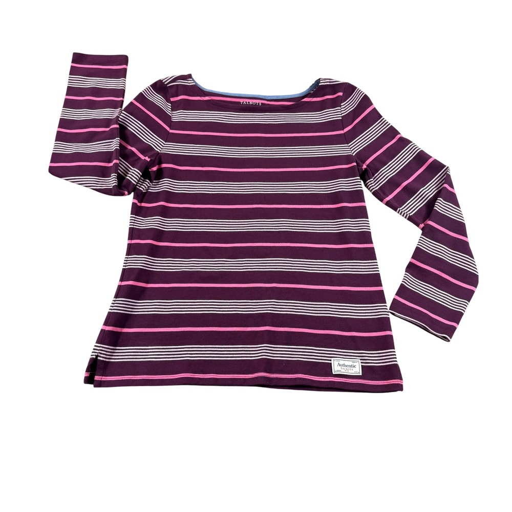 Talbots Authentic Striped Boatneck Top Purple Office Long Sleeve Layering M